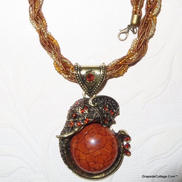 Vintage Rhinestones Pendant Necklace • Seed Beads • Bohemian Style • Elephants - Picture 5 of 7